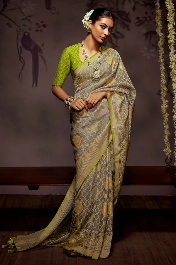 Pretty Grey And Paarrot Woven Brasso Saree