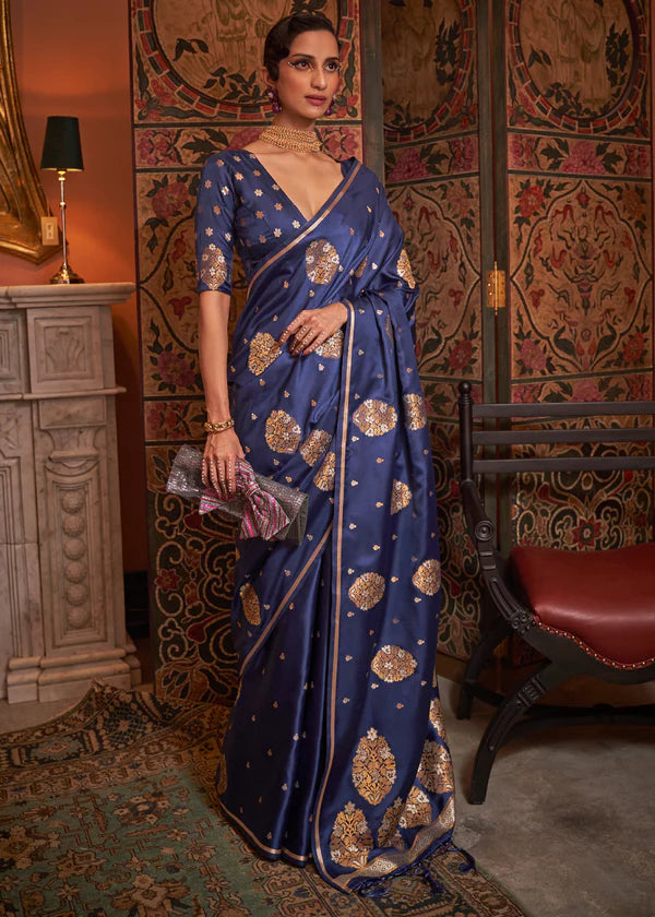 Navy Blue Satin With Copper Zari Woven Saree