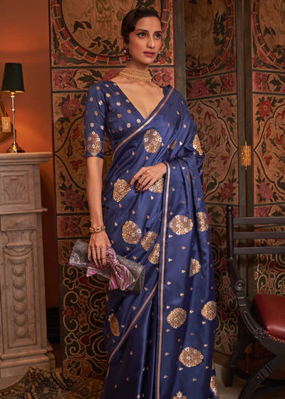 Navy Blue Satin With Copper Zari Woven Saree