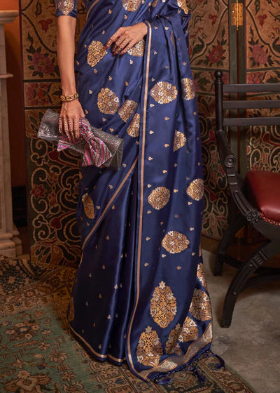 Navy Blue Satin With Copper Zari Woven Saree