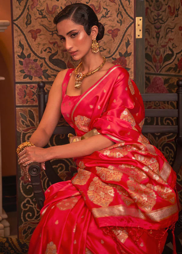 Hot Red  Satin With Copper Zari Woven Saree