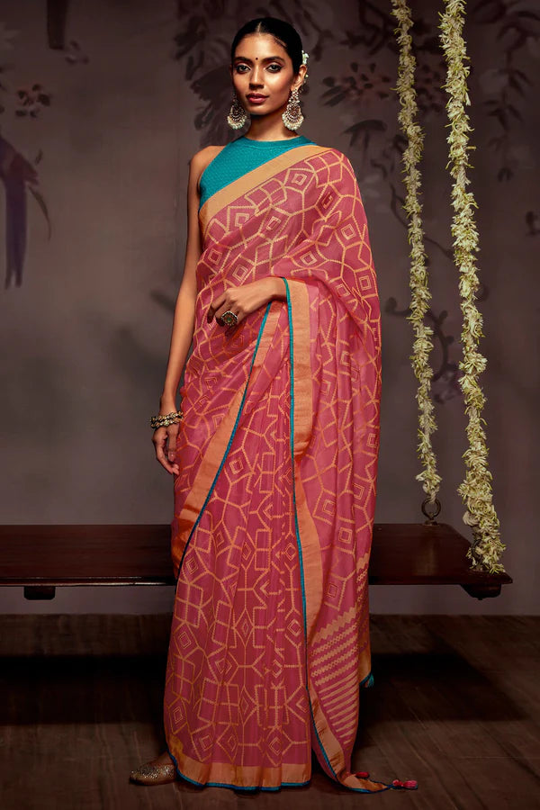 Rose Pink And Blue Woven Brasso Saree