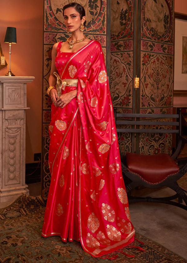 Hot Red  Satin With Copper Zari Woven Saree