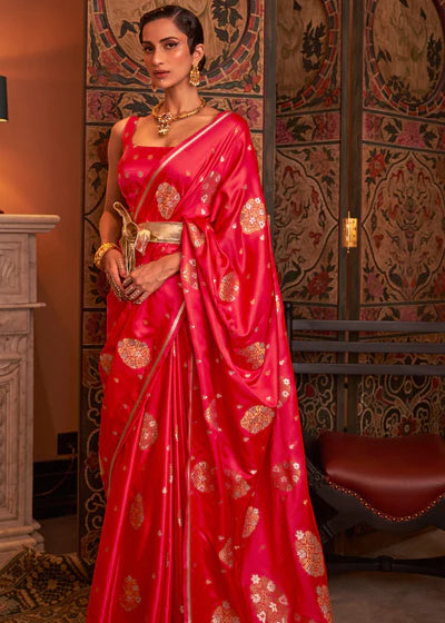 Hot Red  Satin With Copper Zari Woven Saree