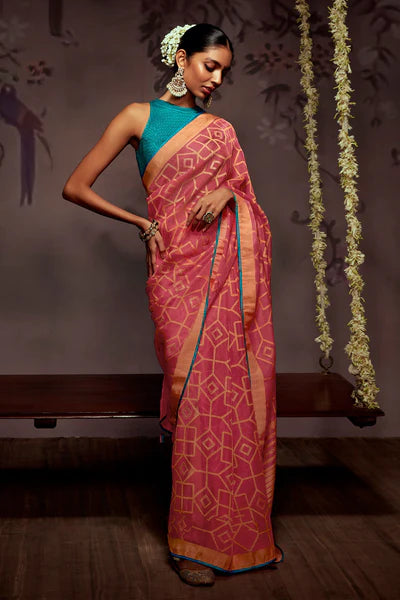 Rose Pink And Blue Woven Brasso Saree