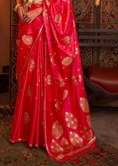 Hot Red  Satin With Copper Zari Woven Saree