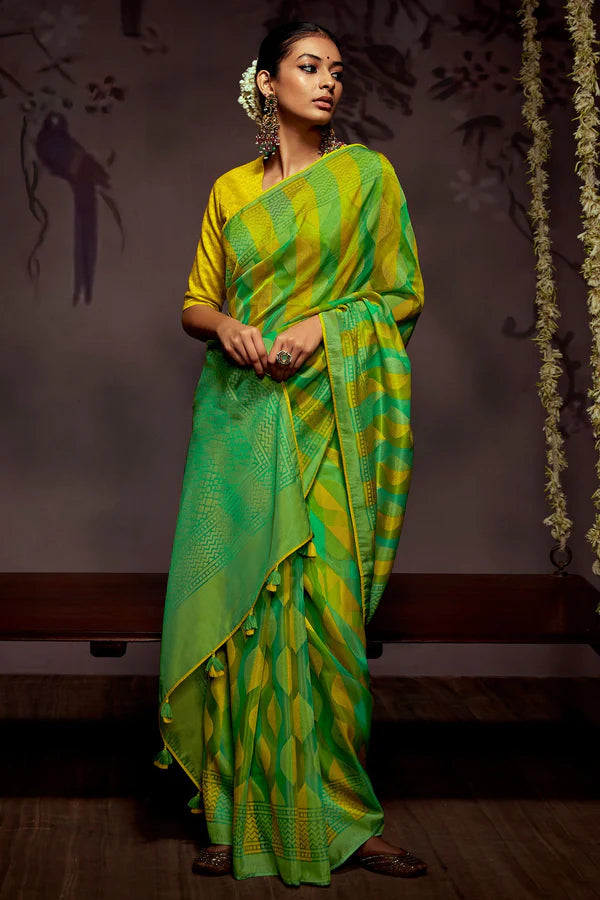 Parrot Green And Yellow Woven Brasso Saree