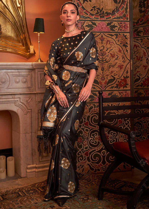 Royal Black satin silk saree for women festive wear