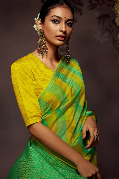 Parrot Green And Yellow Woven Brasso Saree