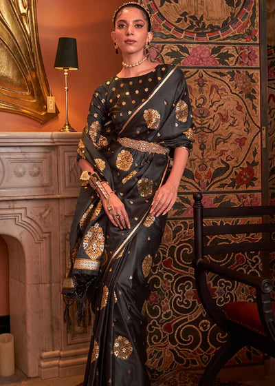 Royal Black satin silk saree for women festive wear