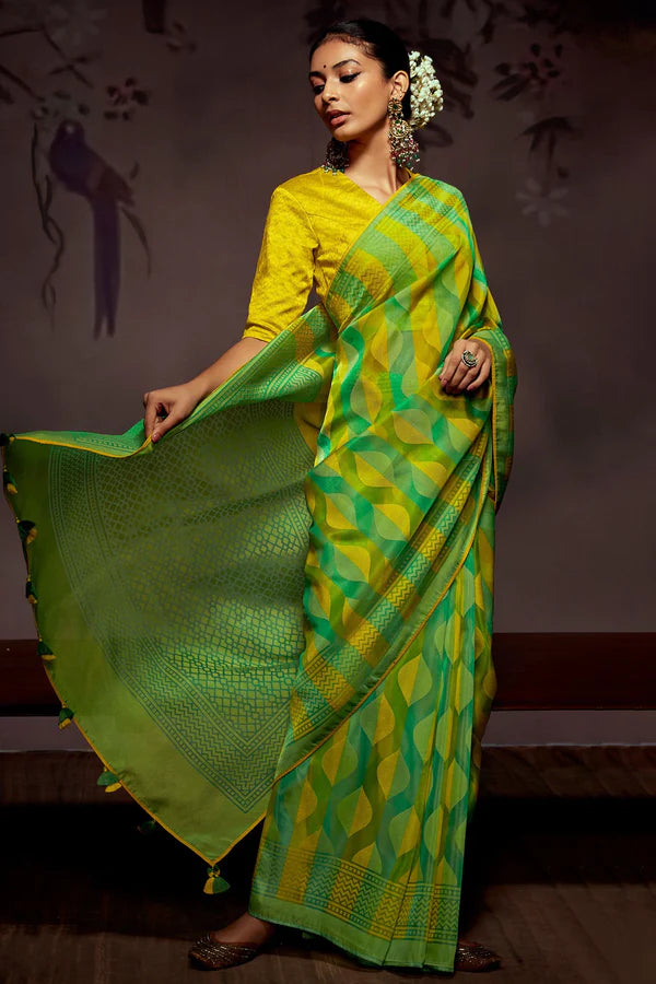 Parrot Green And Yellow Woven Brasso Saree