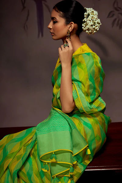 Parrot Green And Yellow Woven Brasso Saree