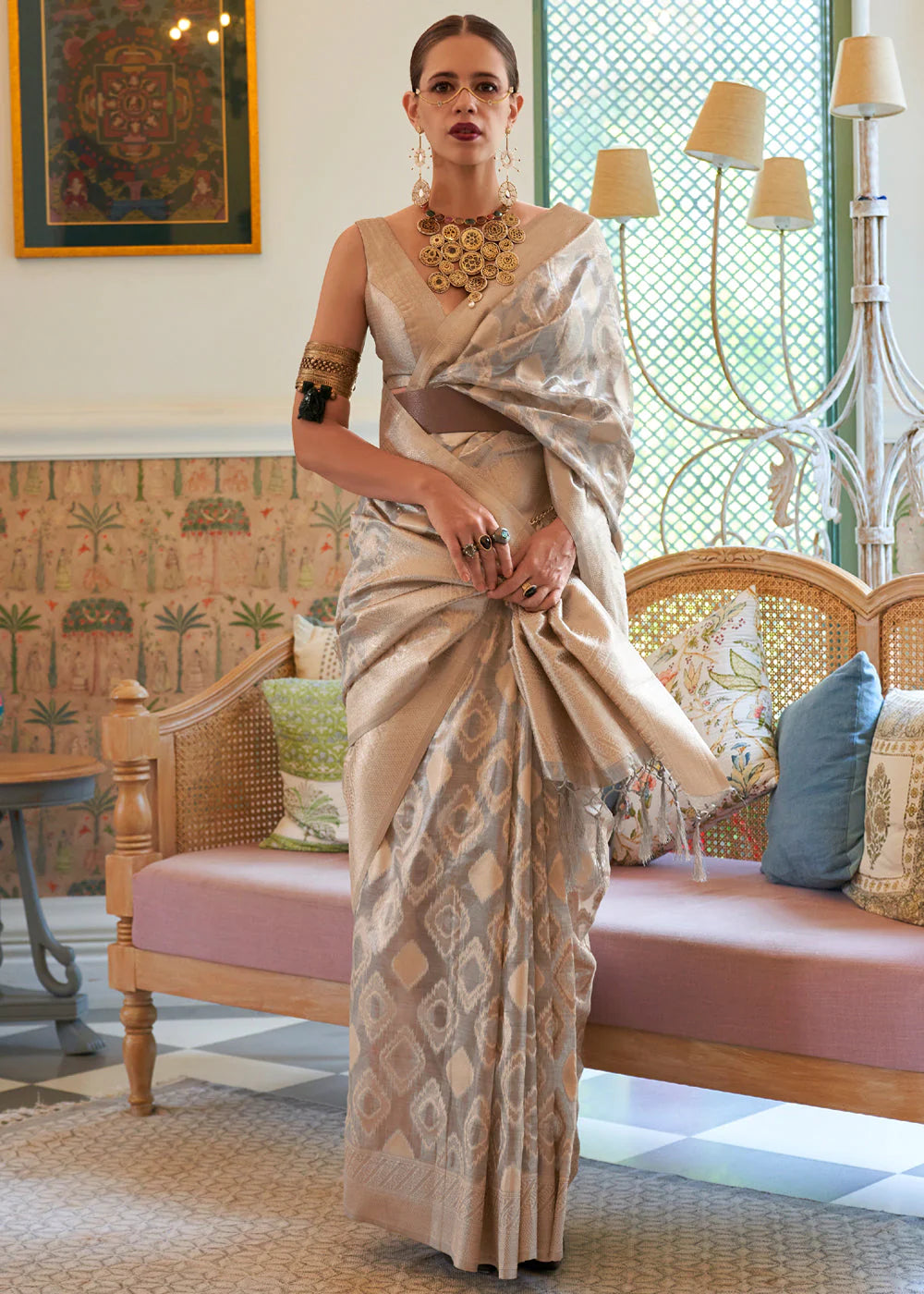 Powder Grey Handloom Woven Tissue  Silk Saree