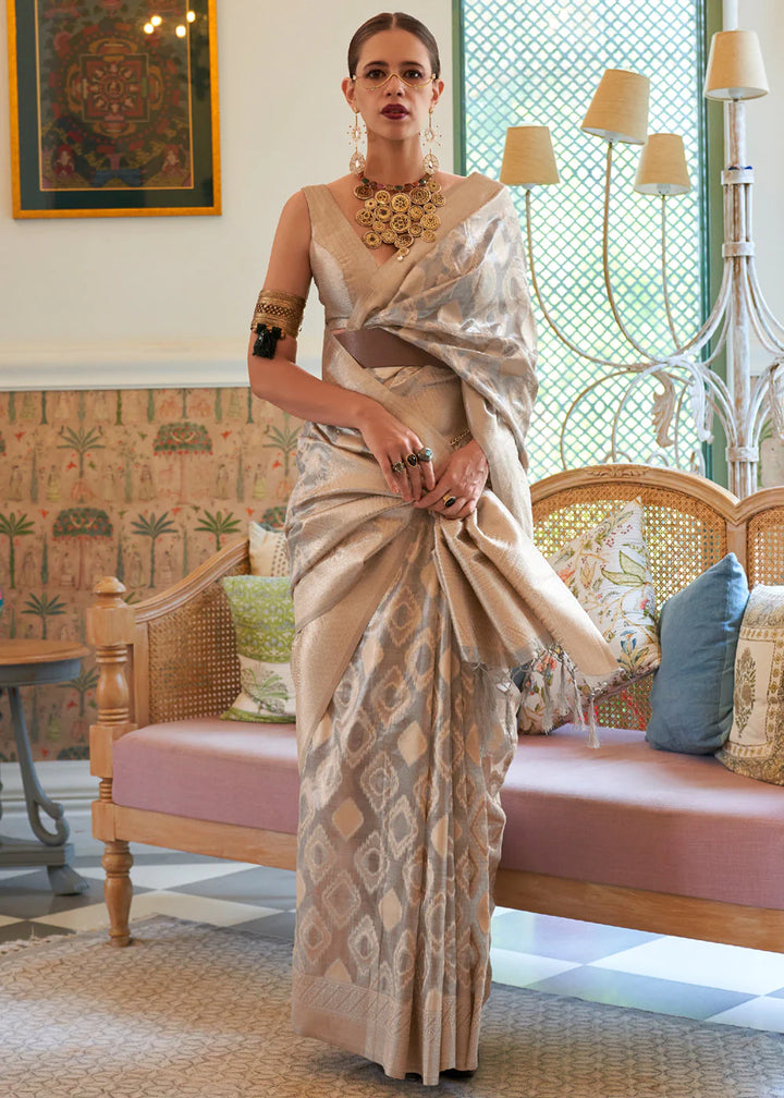 Powder Grey Handloom Woven Tissue  Silk Saree