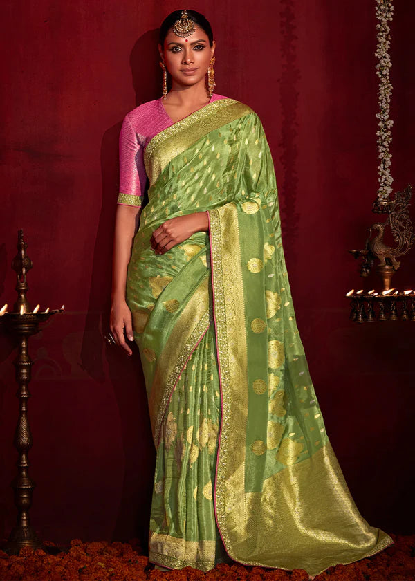 Sage Green And Pink Woven Khadi Georgette Silk Saree