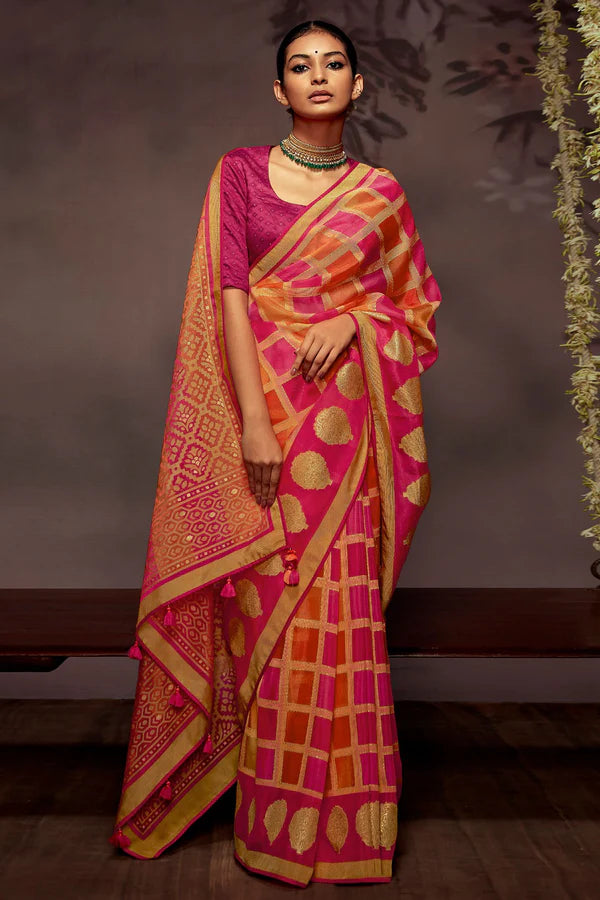 Shaded Orange Pink Woven Brasso Saree