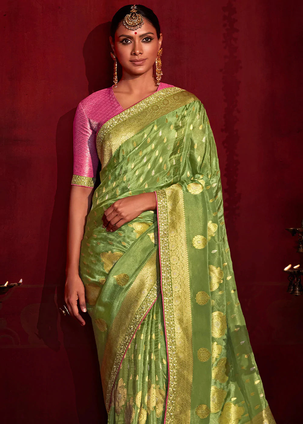 Sage Green And Pink Woven Khadi Georgette Silk Saree