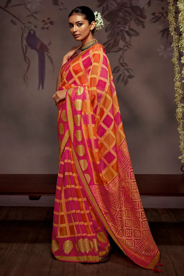 Shaded Orange Pink Woven Brasso Saree