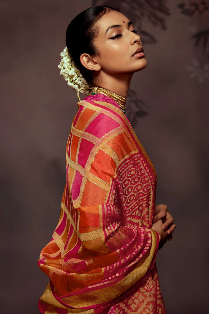 Shaded Orange Pink Woven Brasso Saree