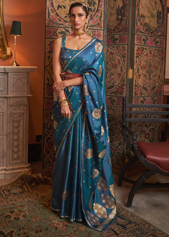 Peacock Blue Satin With Copper Zari Woven Saree