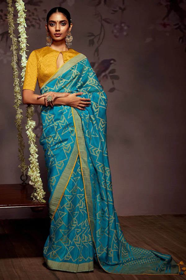 Astral Blue And Yellow Woven Brasso Saree