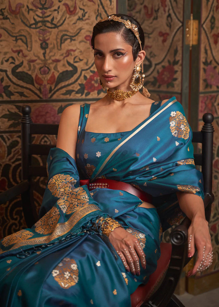 Peacock Blue Satin With Copper Zari Woven Saree