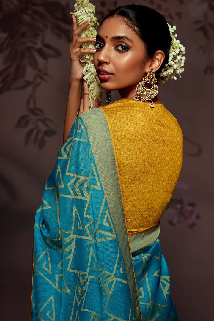 Astral Blue And Yellow Woven Brasso Saree