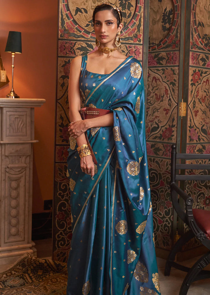 Peacock Blue Satin With Copper Zari Woven Saree