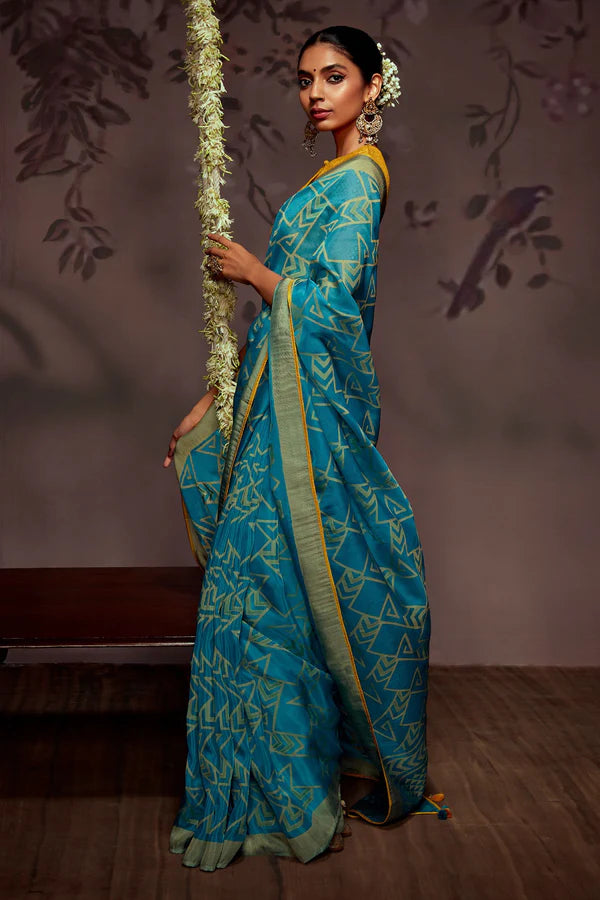 Astral Blue And Yellow Woven Brasso Saree