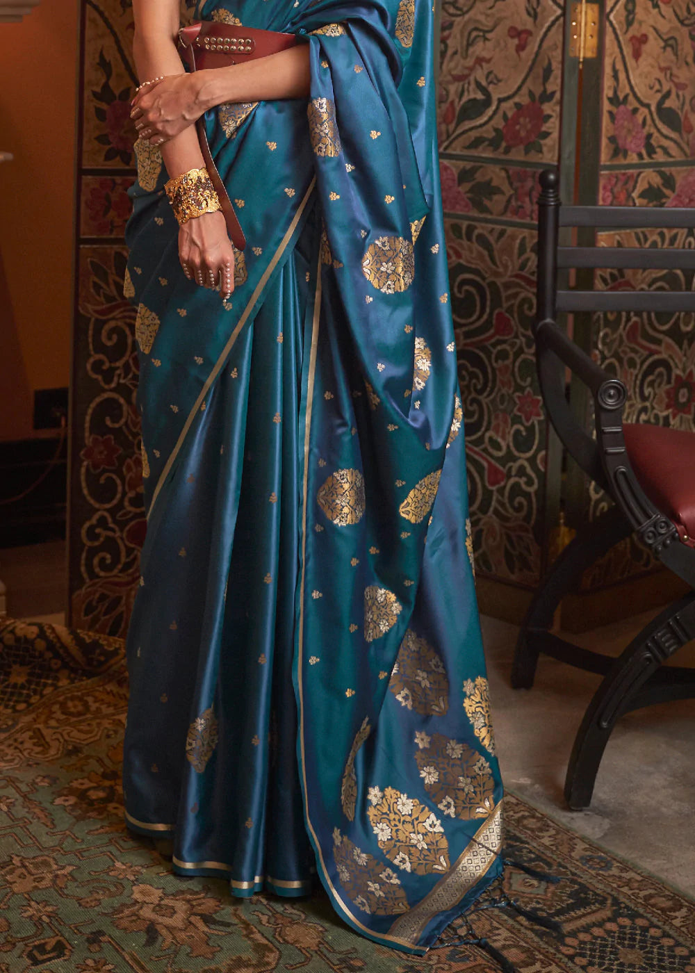 Peacock Blue Satin With Copper Zari Woven Saree