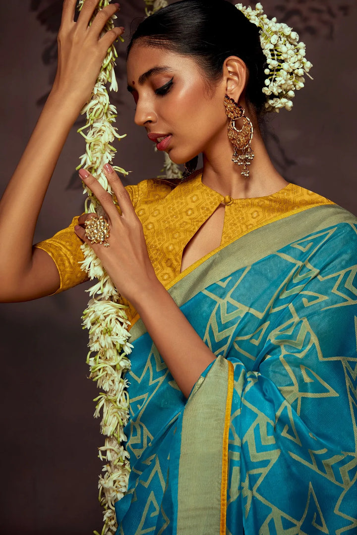 Astral Blue And Yellow Woven Brasso Saree