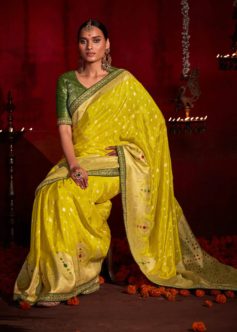 Lemon Yellow And Green Woven Khadi Georgette Silk Saree