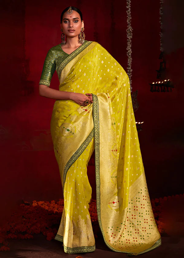 Lemon Yellow And Green Woven Khadi Georgette Silk Saree