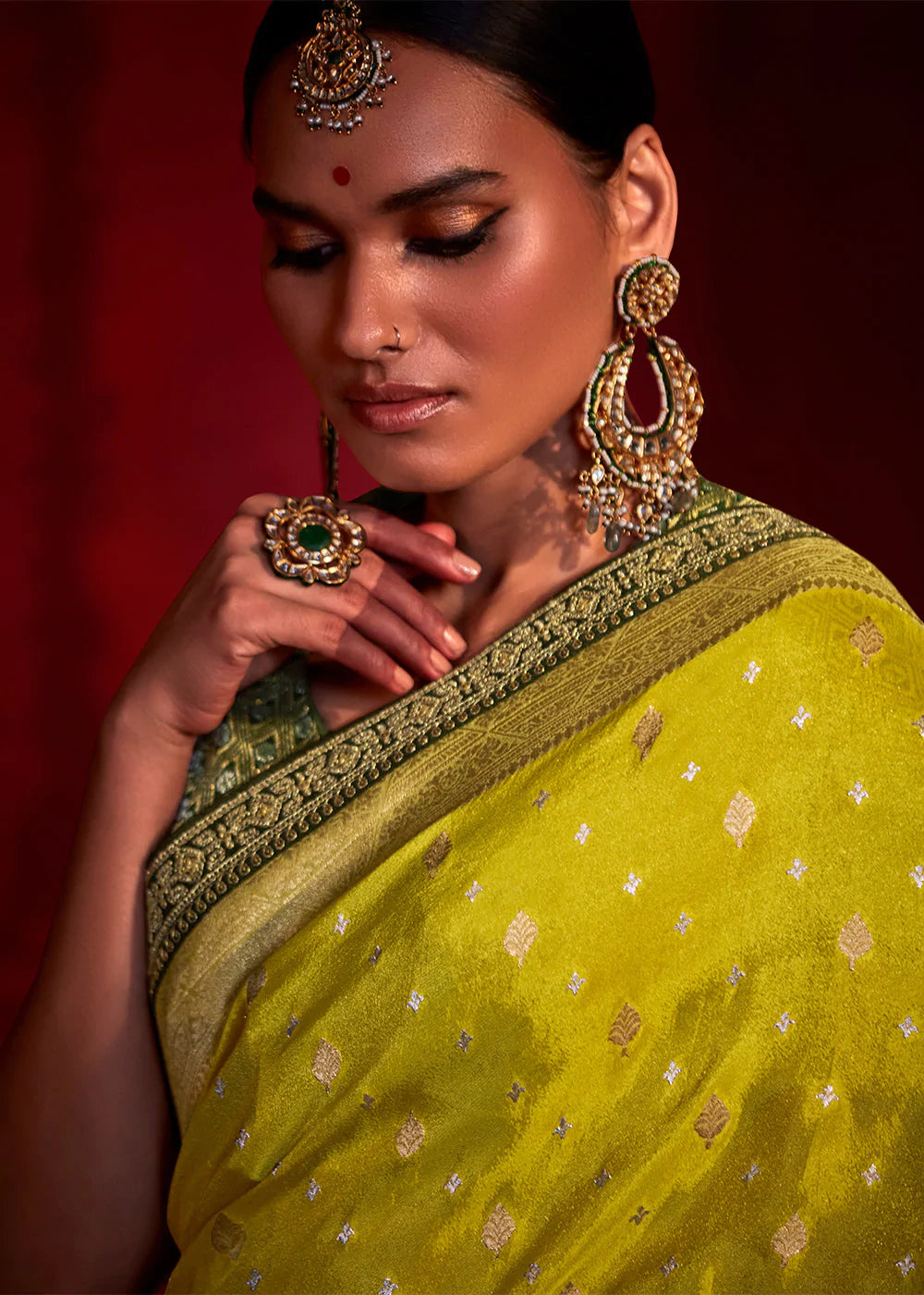 Lemon Yellow And Green Woven Khadi Georgette Silk Saree