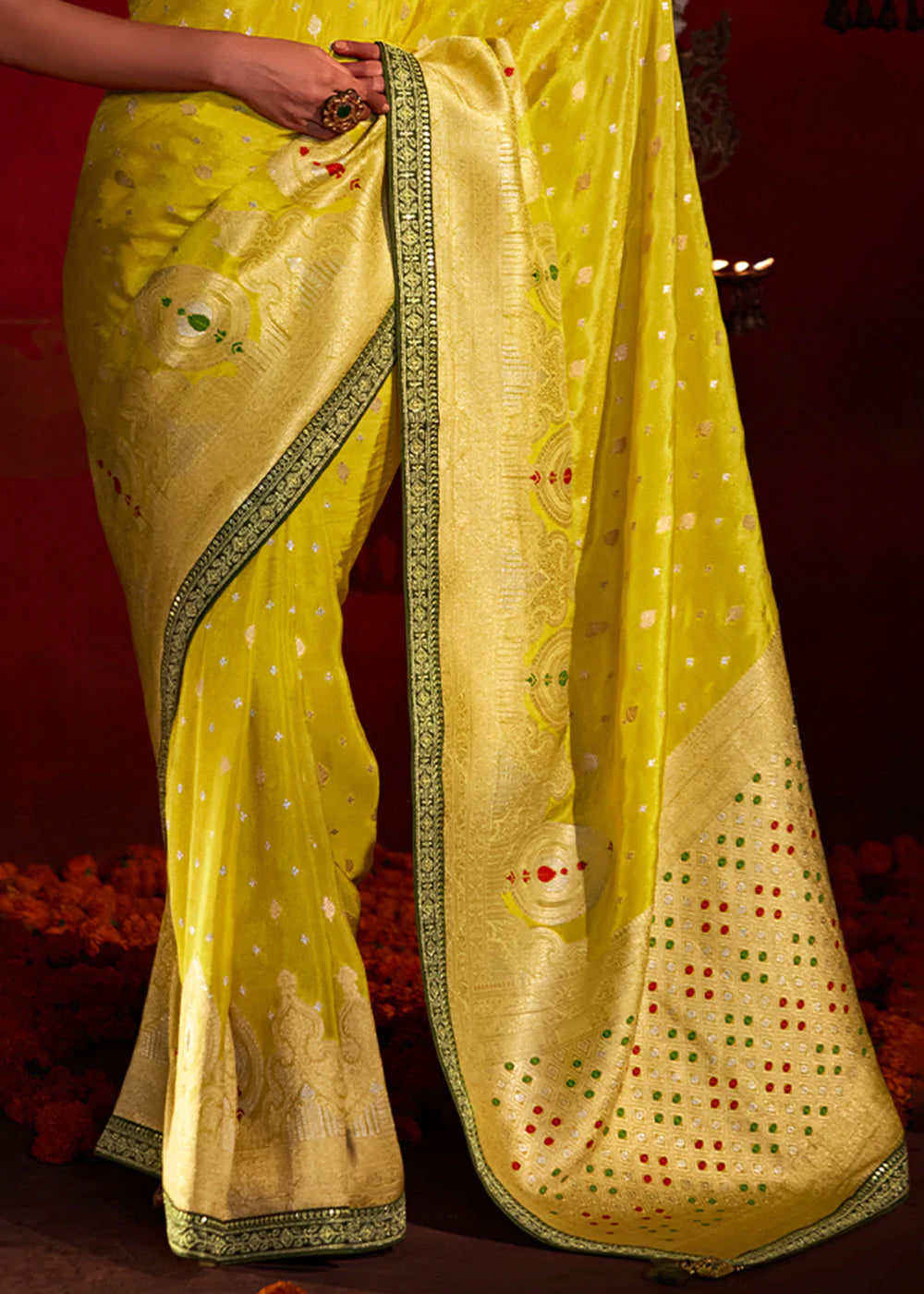 Lemon Yellow And Green Woven Khadi Georgette Silk Saree