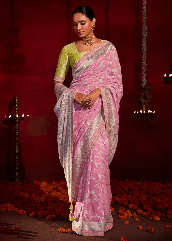 Baby Pink And Yellow Woven Khadi Georgette Silk Saree