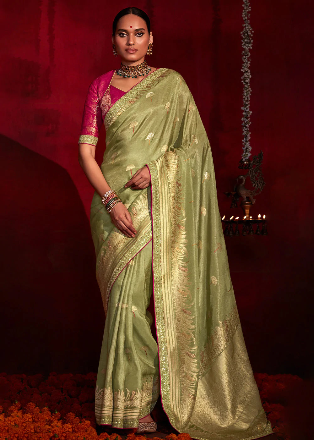 Fennel Green And Pink Woven Khadi Georgette Silk Saree