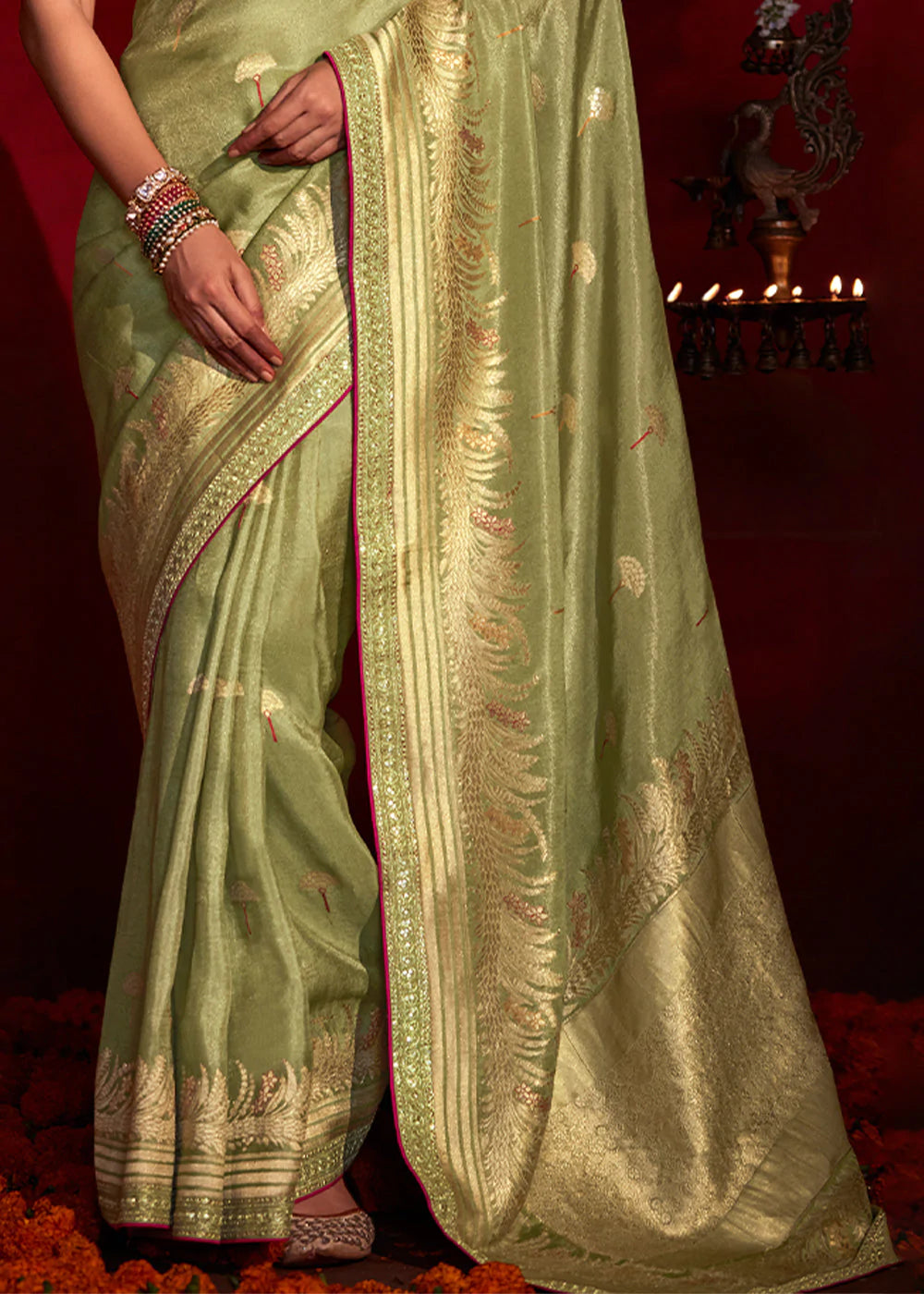 Fennel Green And Pink Woven Khadi Georgette Silk Saree