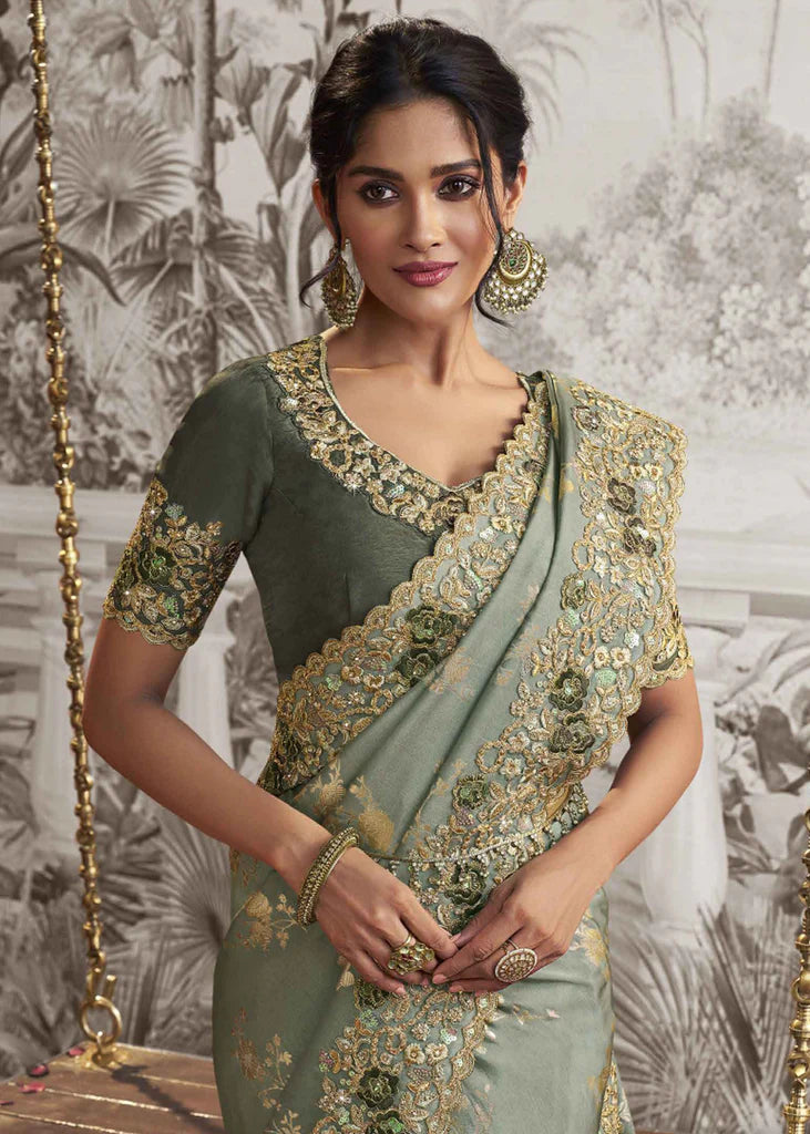 Meenakari Green Heavy Embroidery Designer Saree