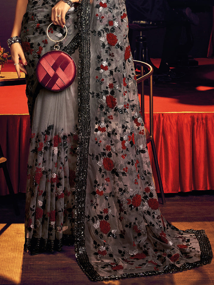 Dark Grey Digital Net With Sequence & Heavy Work Designer Saree