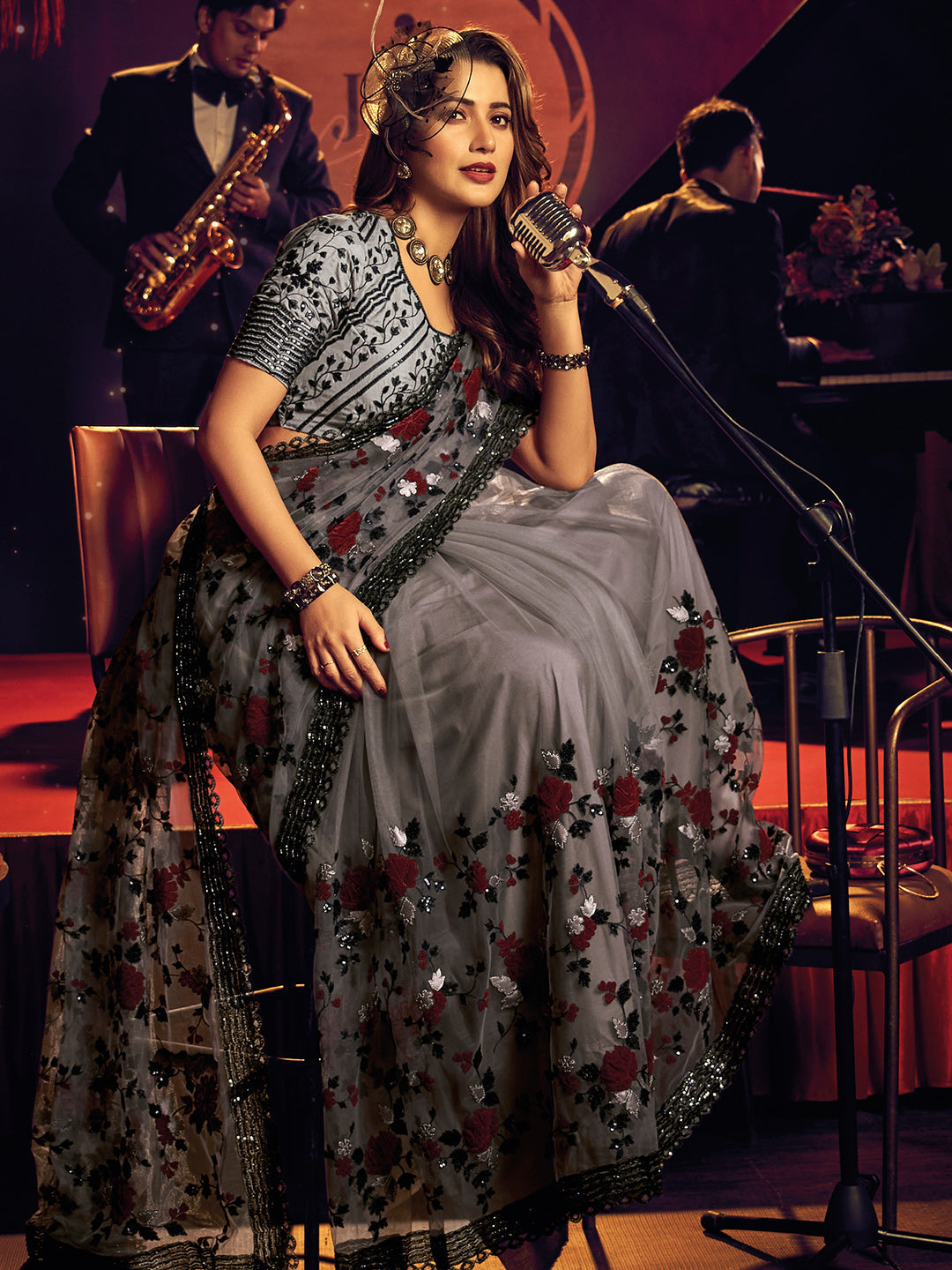 Dark Grey Digital Net With Sequence & Heavy Work Designer Saree