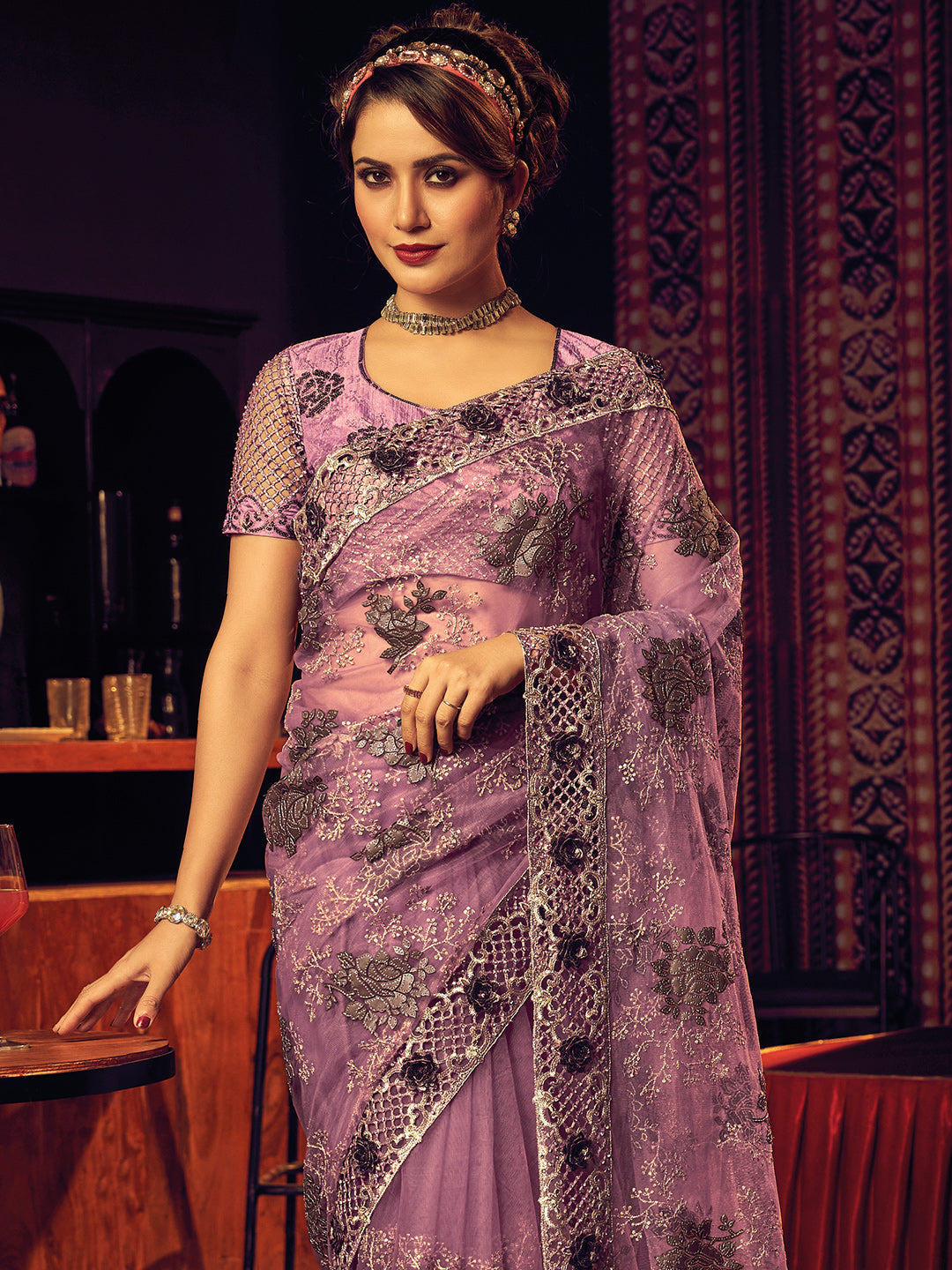 Pink Digital Net With Sequence & Heavy Work Designer Saree