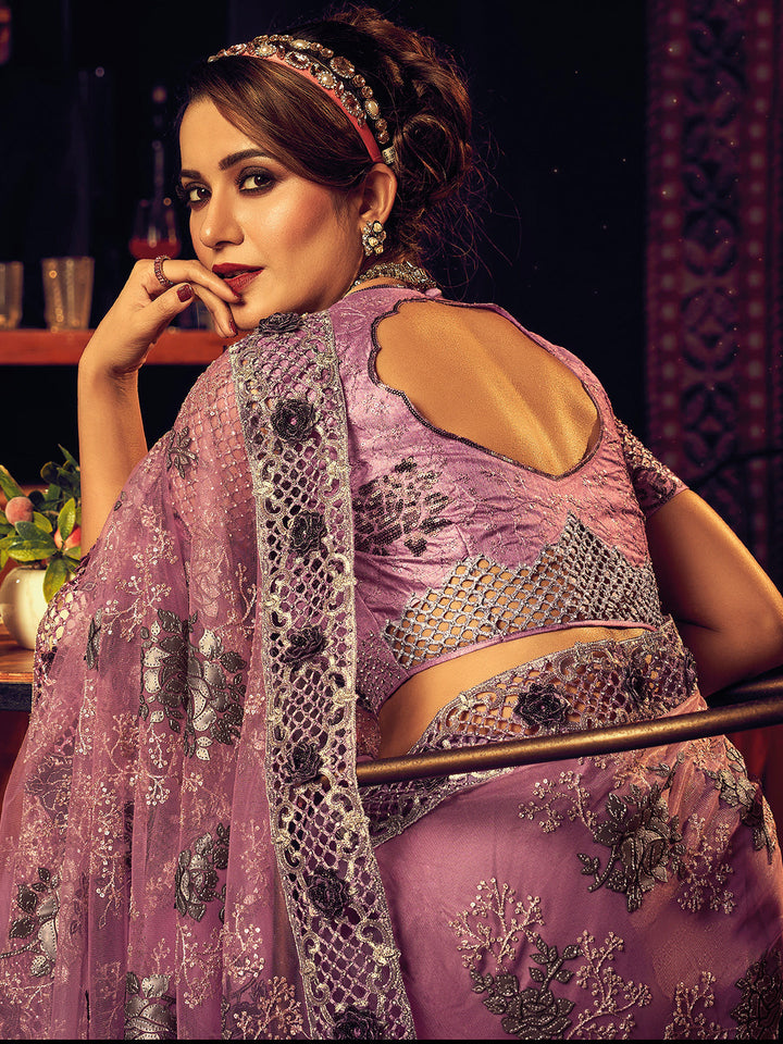 Pink Digital Net With Sequence & Heavy Work Designer Saree