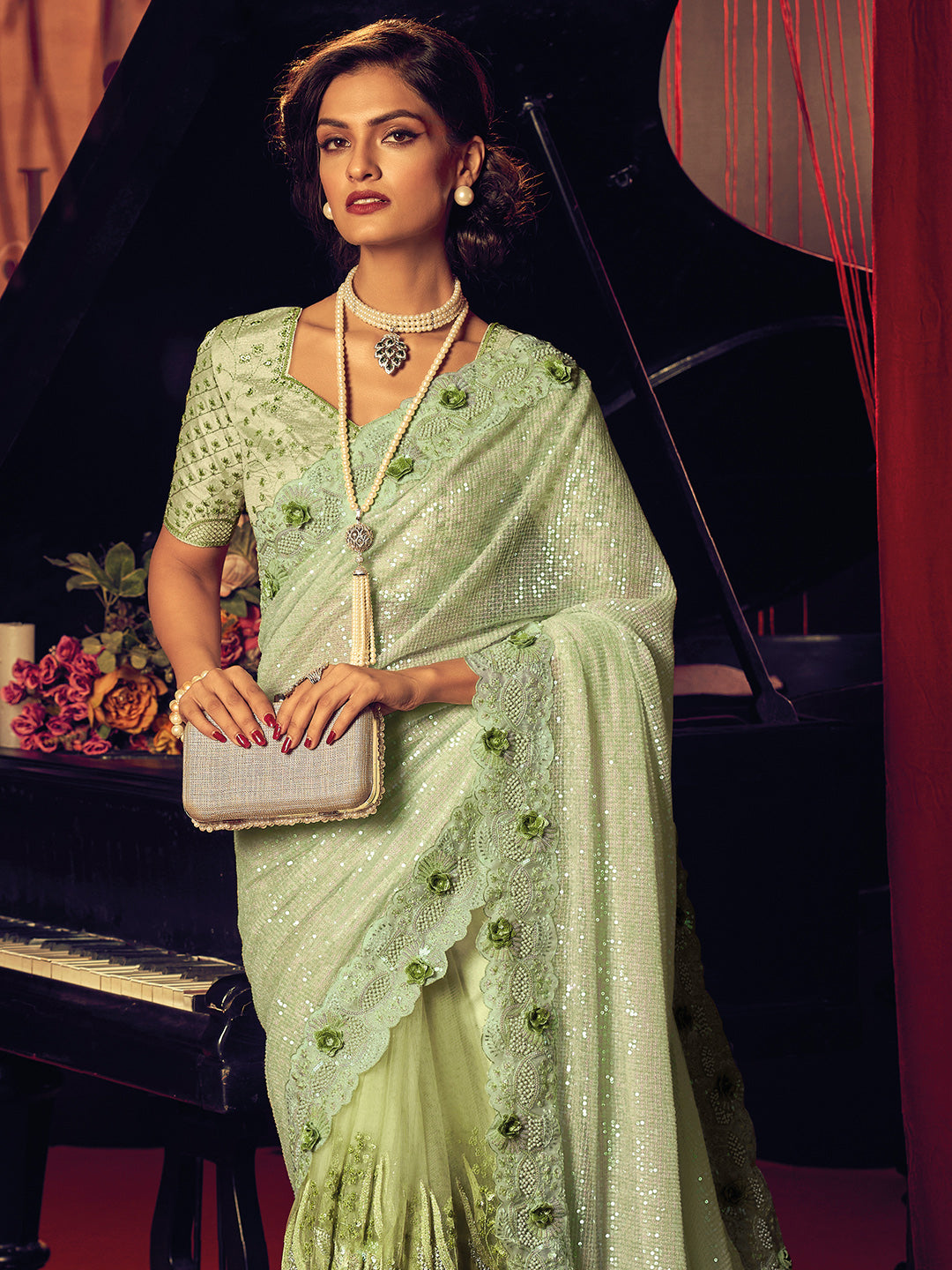 Pista Green Digital Net With Sequence & Heavy Work Designer Saree