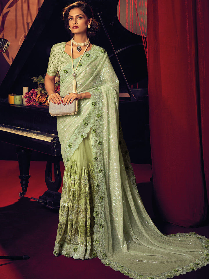 Pista Green Digital Net With Sequence & Heavy Work Designer Saree