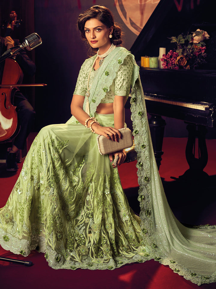 Pista Green Digital Net With Sequence & Heavy Work Designer Saree