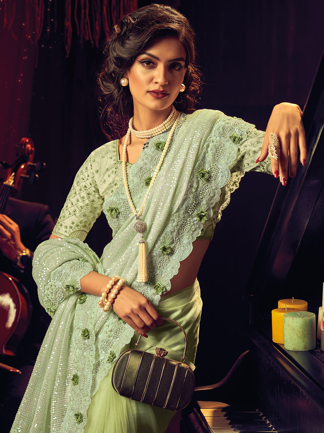 Pista Green Digital Net With Sequence & Heavy Work Designer Saree