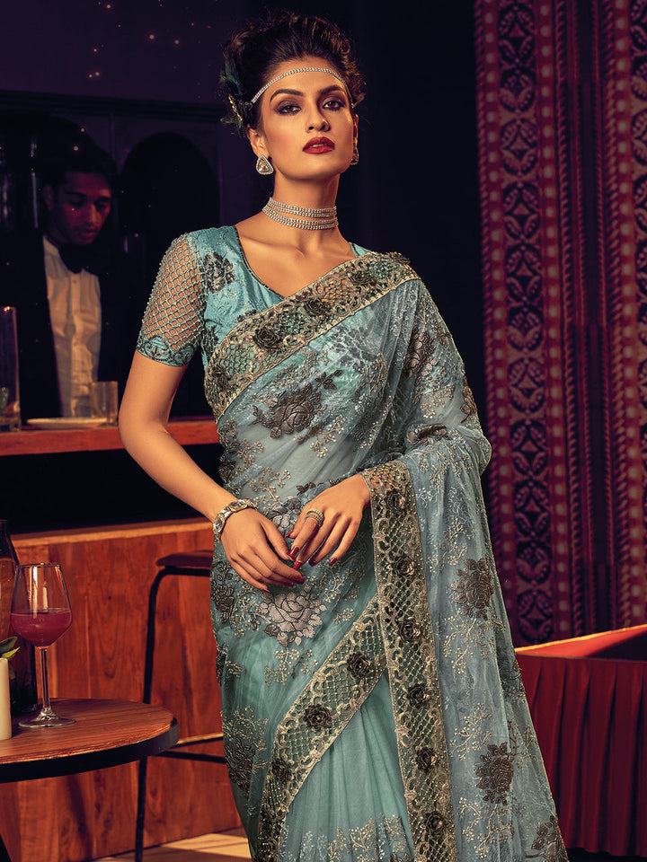 Powder Blue Digital Net With Sequence & Heavy Work Designer Saree