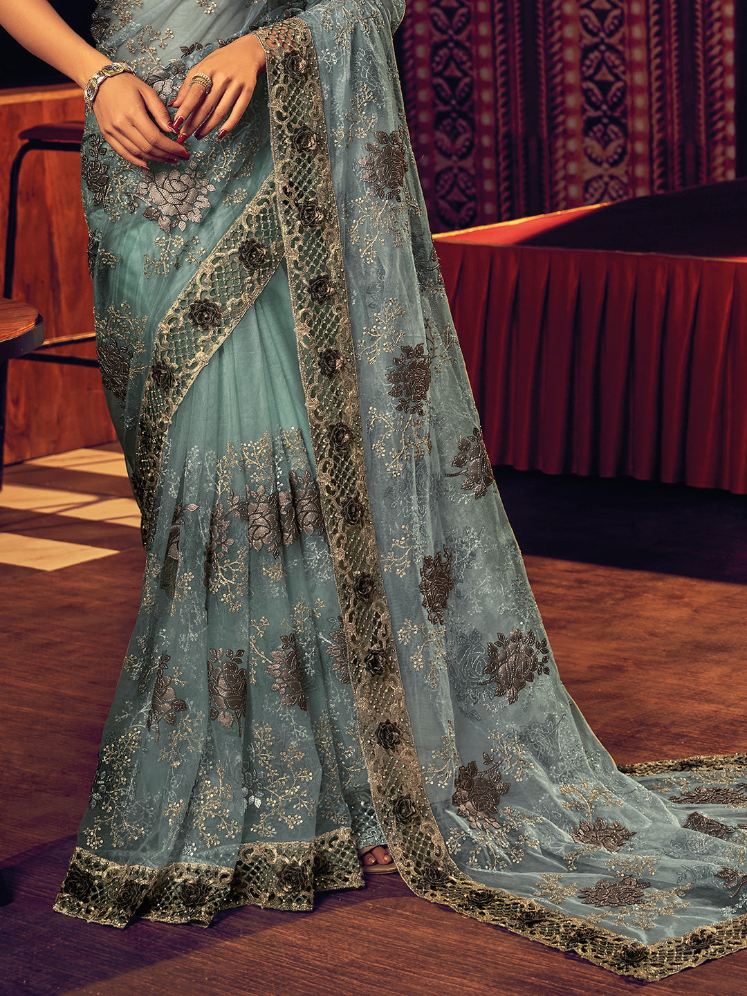 Powder Blue Digital Net With Sequence & Heavy Work Designer Saree