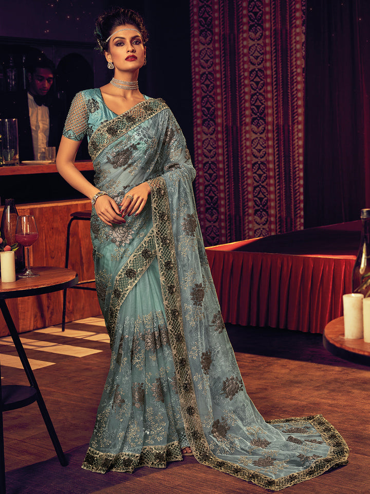 Powder Blue Digital Net With Sequence & Heavy Work Designer Saree